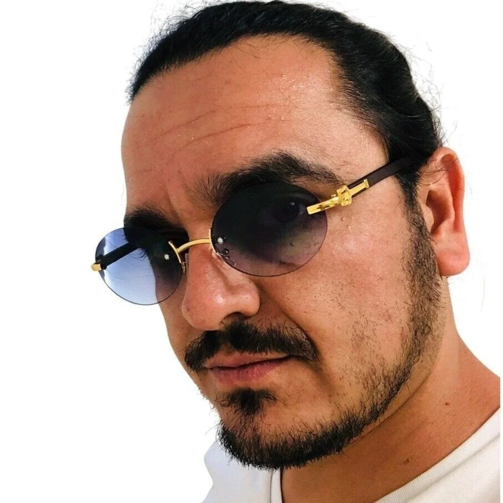 Rimless Sunglasses Oval Lens Gold Accents Fashion Shades Gradient Black Lens New